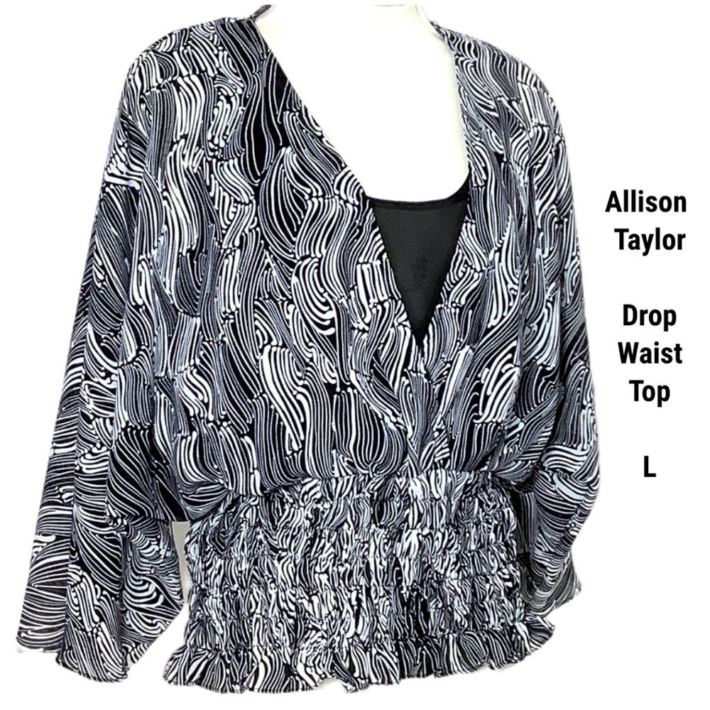 Allison Taylor L Top Blouse Drop Waist Shirred Black White Abstract Ruffle Large